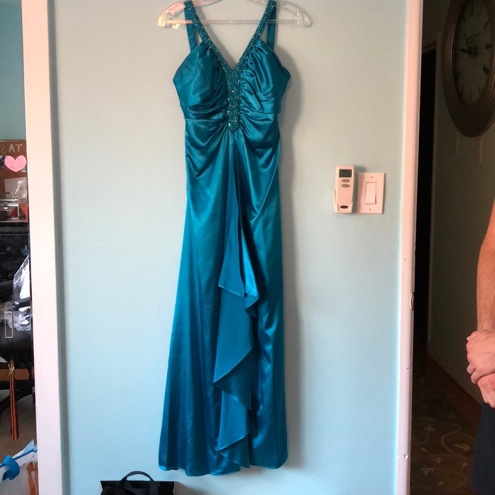 Floor length gown blue with beaded straps